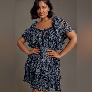 ANTHROPOLOGIE Short Sleeve Keyhole Swing Tunic Mini Dress Floral Blue Size XS